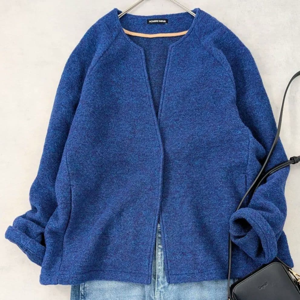 極美品★NOMBRE IMPAIR スライバーニットショートコート ブルー