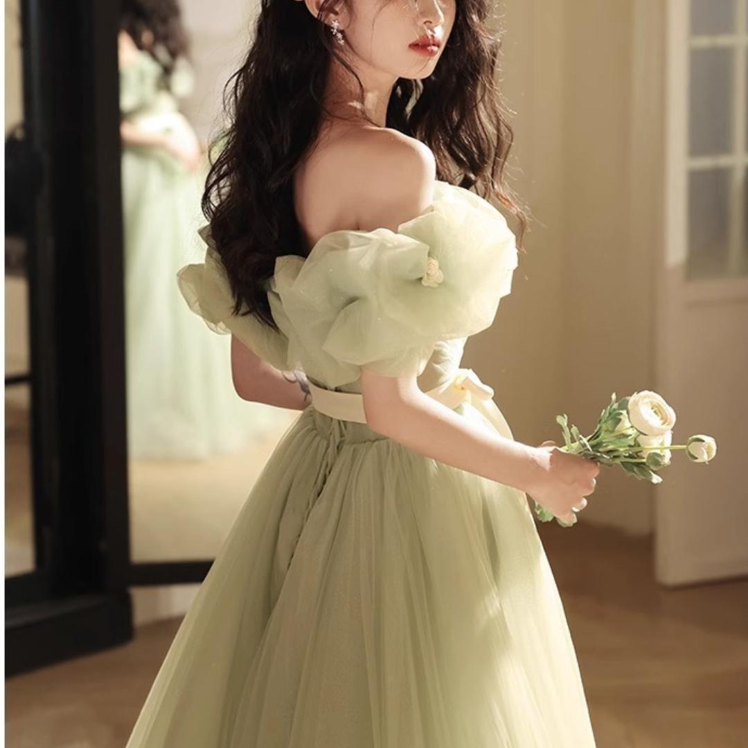 グリーン　誕生日　ハイウェストドレス　パーティー　お呼ばれ　ウェディング　カラー