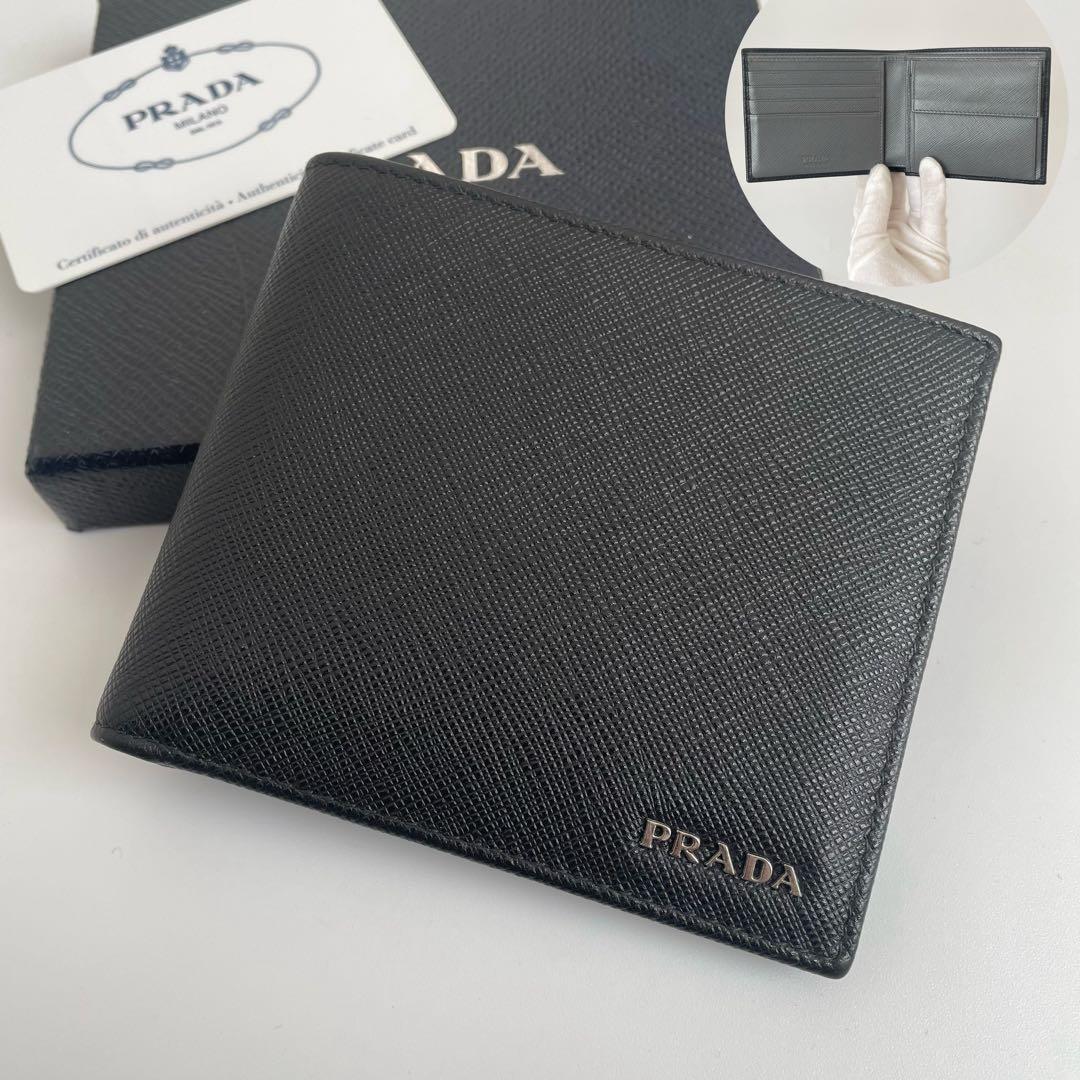 【極美品】プラダ 二つ折り財布 サフィアーノ バイカラー 黒グレー 2MO738