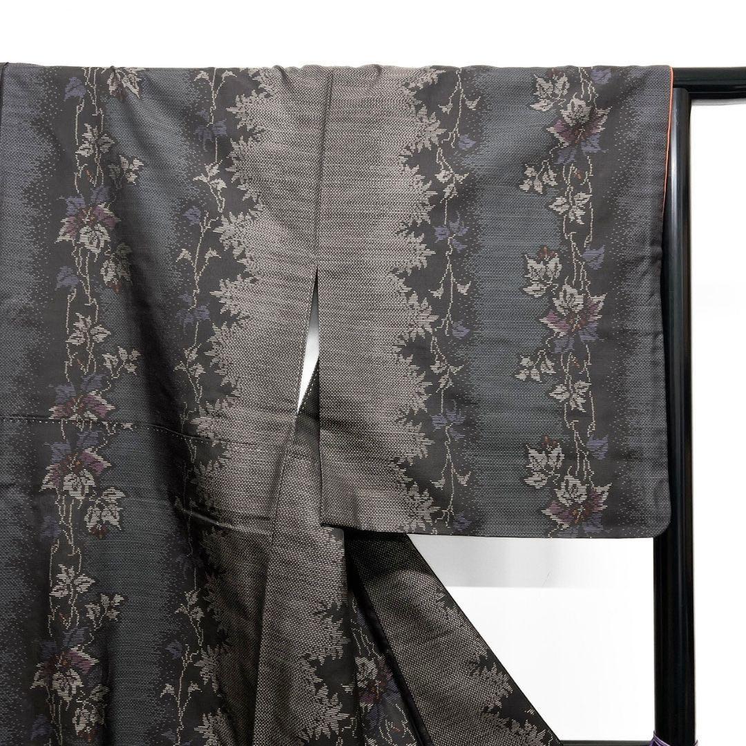 大島紬　小紋　泥染　縦縞　葉影　リーフ模様　着物　015b p