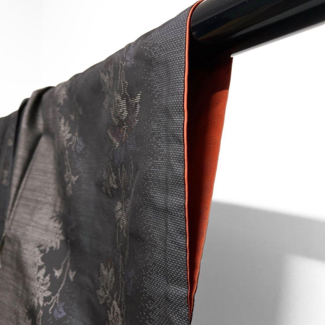 大島紬　小紋　泥染　縦縞　葉影　リーフ模様　着物　015b p