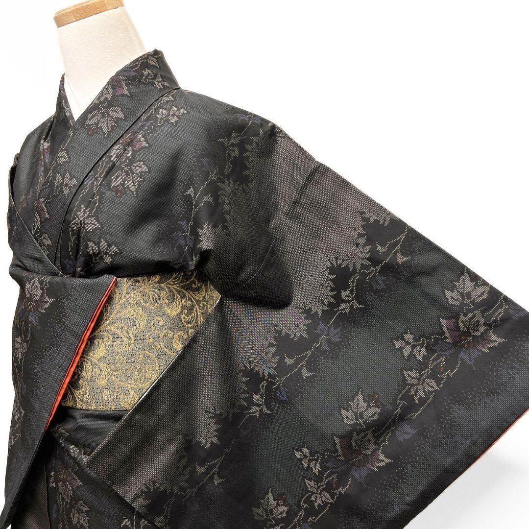 大島紬　小紋　泥染　縦縞　葉影　リーフ模様　着物　015b p