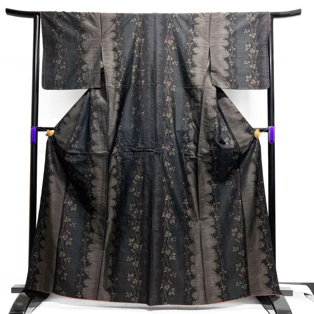 大島紬　小紋　泥染　縦縞　葉影　リーフ模様　着物　015b p