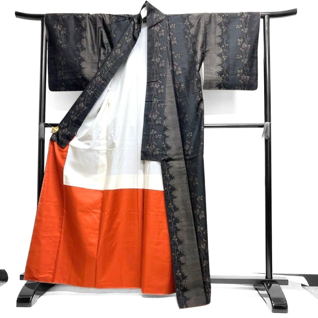 大島紬　小紋　泥染　縦縞　葉影　リーフ模様　着物　015b p