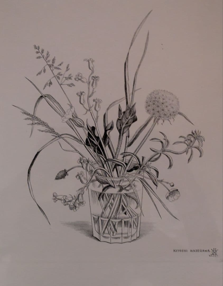 長谷川潔の銅版画　コップに挿した野花　美品