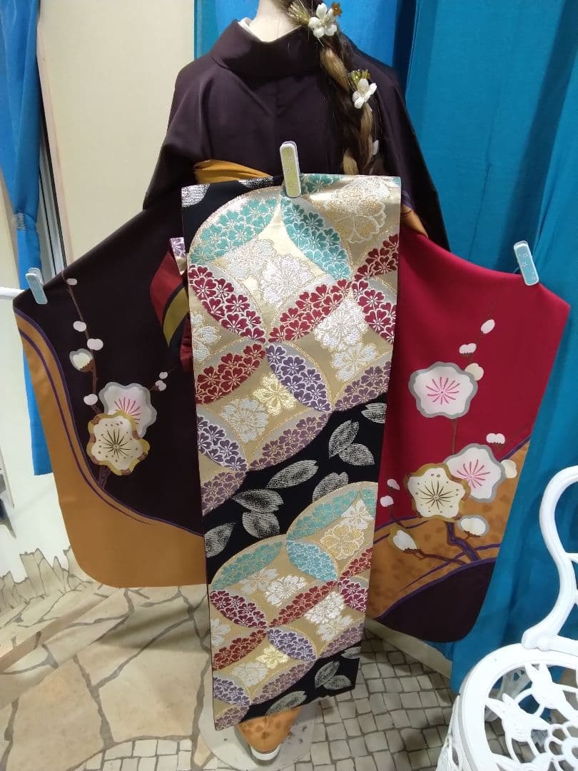 振袖フルセット、一蔵振袖落款、重ね衿帯揚げ帯締め、西陣袋帯、襦袢、トールサイズ