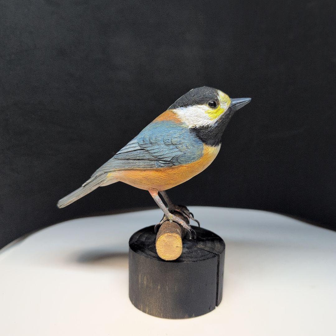 木製 鳥の彫刻 ヤマガラ　木彫の野鳥　 バードカービング