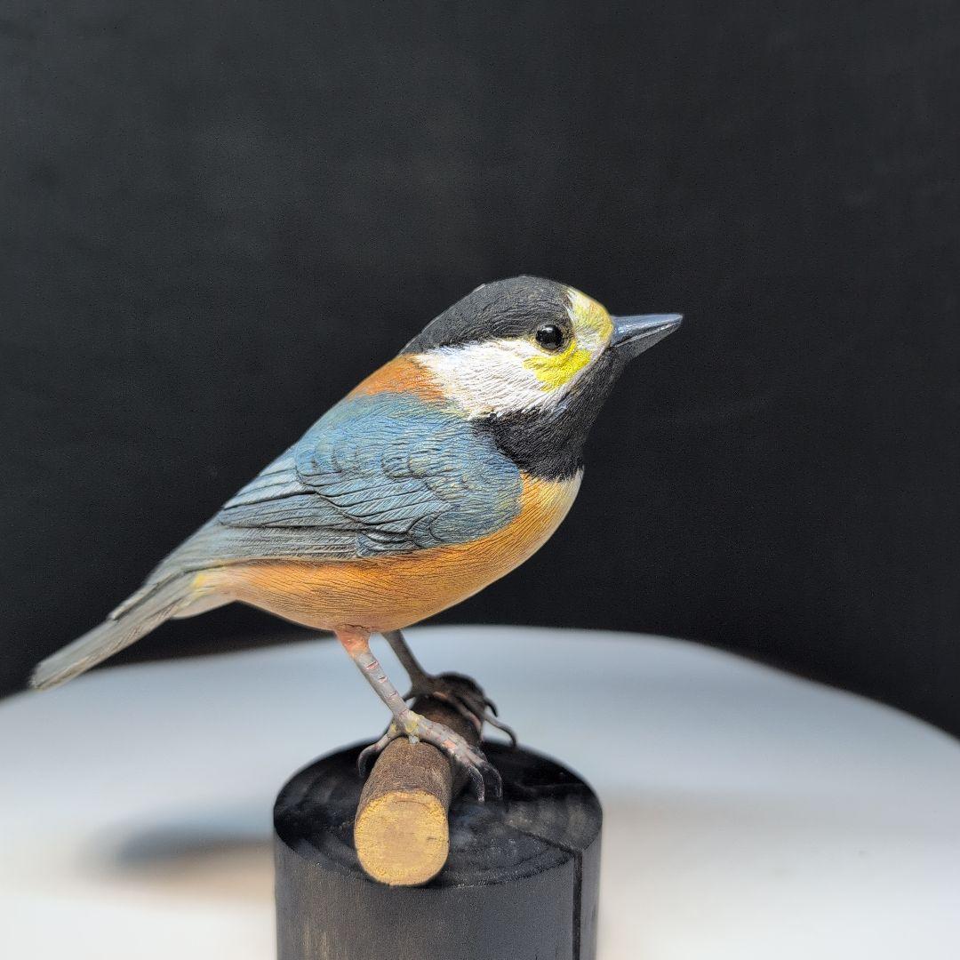 木製 鳥の彫刻 ヤマガラ　木彫の野鳥　 バードカービング