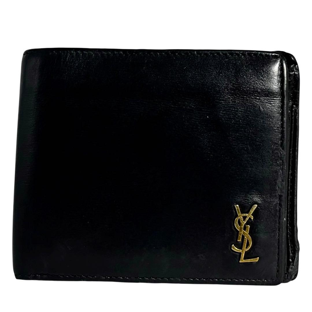 希少✨サンローラン 二つ折り財布 YSL カサンドラ レザー ロゴ ブラック