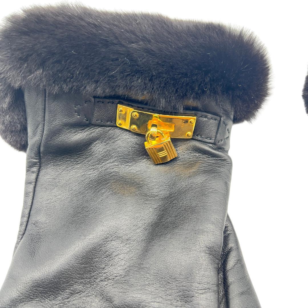 【白】HERMES ケリーグローブ ラムレザー ×ミンクファー　６1/2