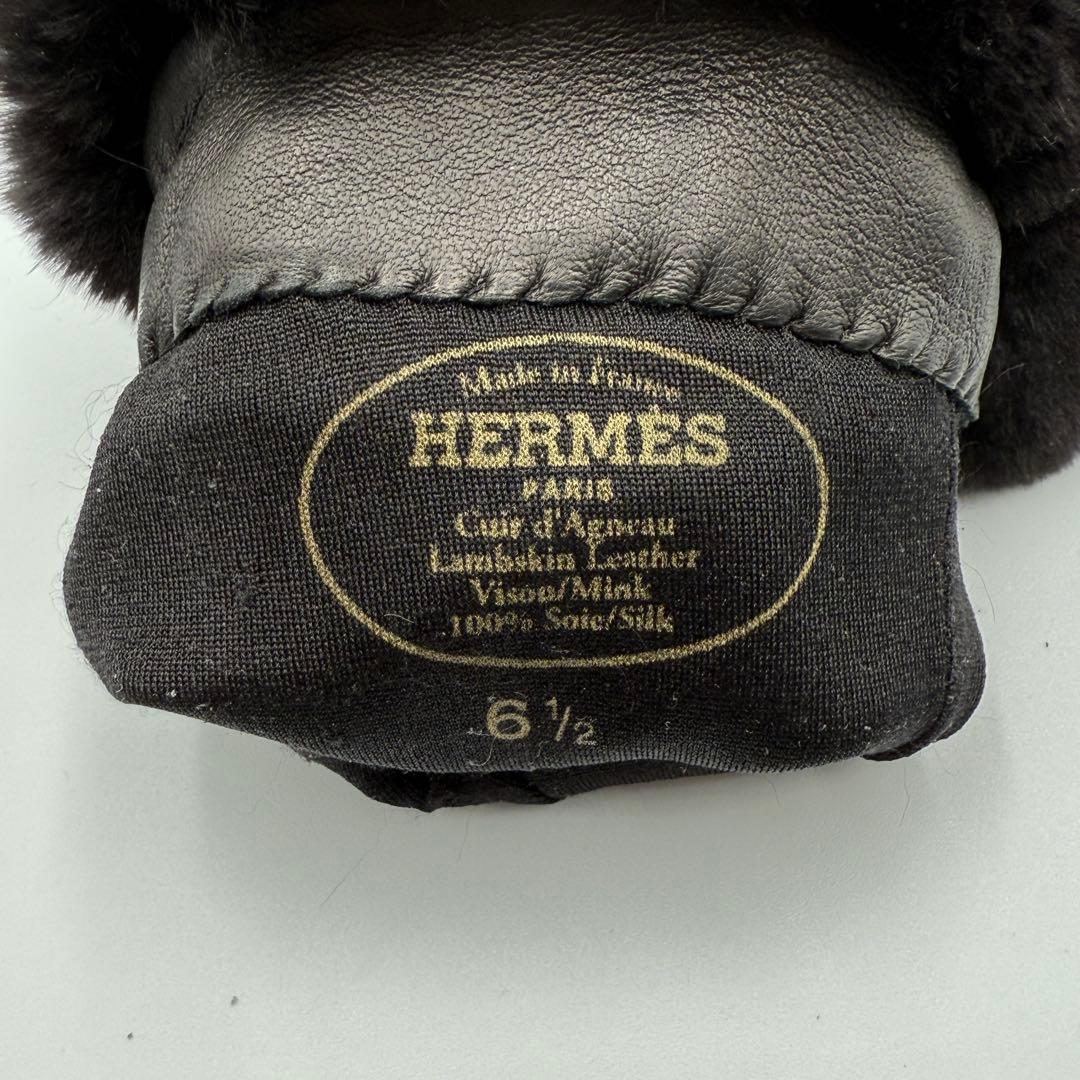 【白】HERMES ケリーグローブ ラムレザー ×ミンクファー　６1/2