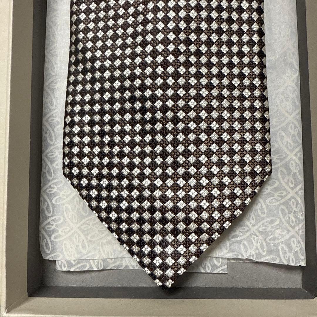 ブリオーニ　ネクタイ　茶色　チェック柄　シルクジャガード