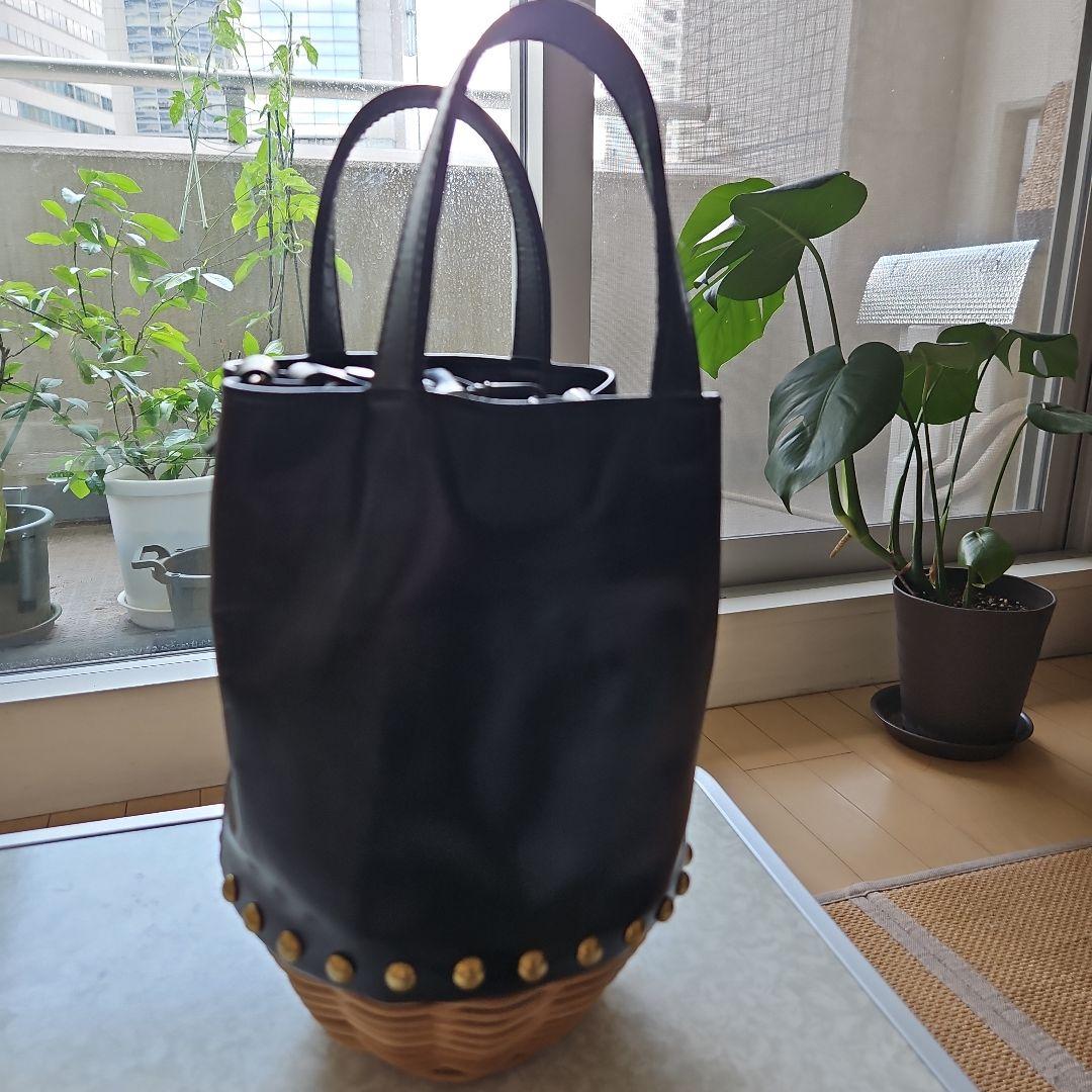 美品 ribbon b レザー 籐 スタッズかごバッグ warang wayan