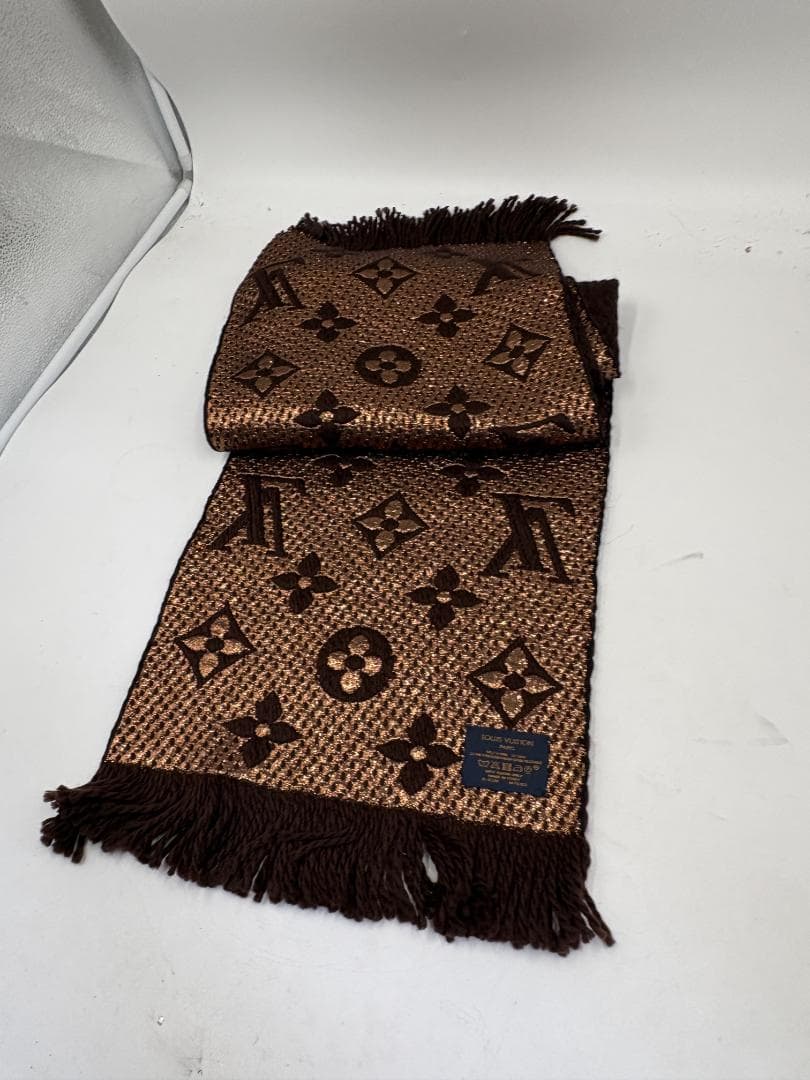 ルイヴィトン モノグラム マフラー ブラウン×ゴールド フリンジ イタリア製