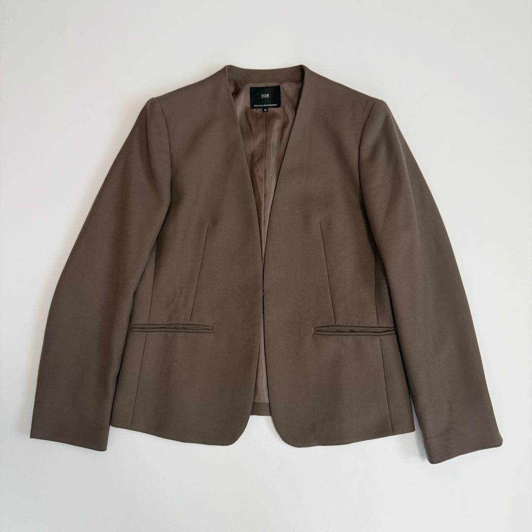 23区　セットアップスーツ　 ノーカラージャケット　ラップ風スカート 　茶色　M