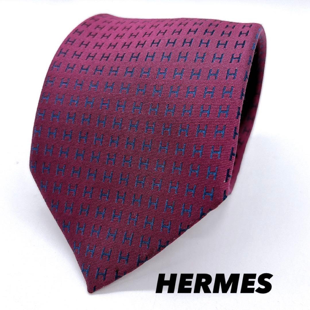HERMES ネクタイ ワインレッド H総柄 シルク　ファソネ