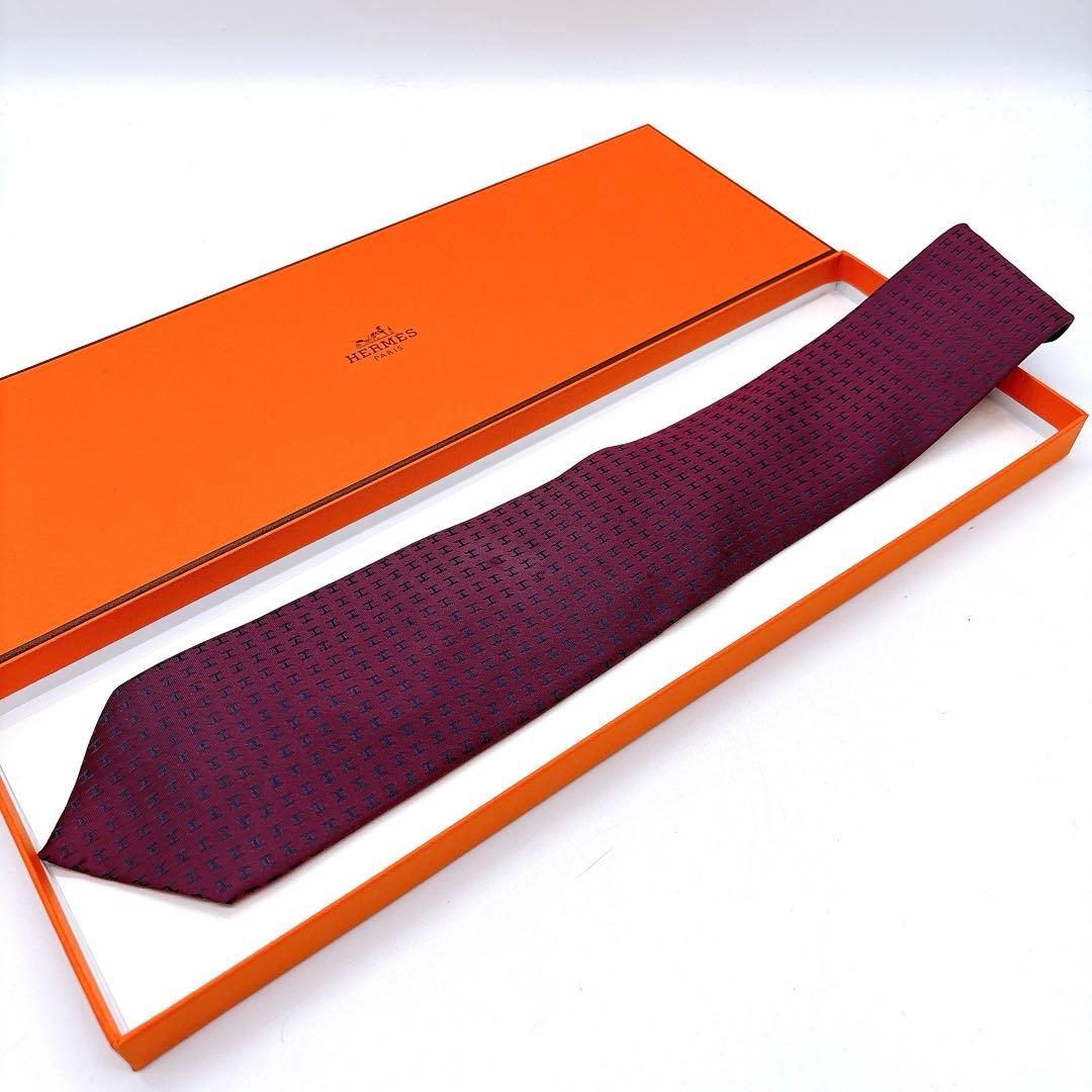 HERMES ネクタイ ワインレッド H総柄 シルク　ファソネ