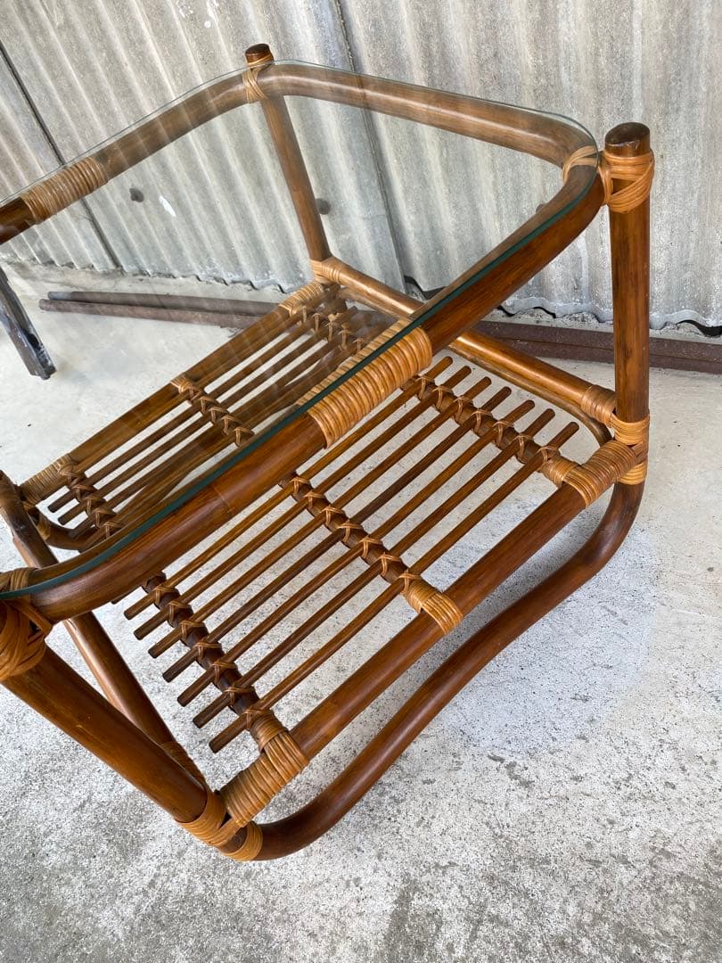 ラタン　センターテーブル　ガラステーブル　机　サイドテーブル　レトロ　藤