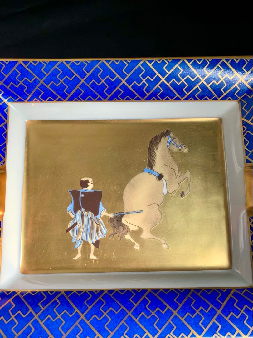 エルメスHERMES灰皿3H手描き 飾り皿 和柄 武士 馬 金彩 陶器小物入れ