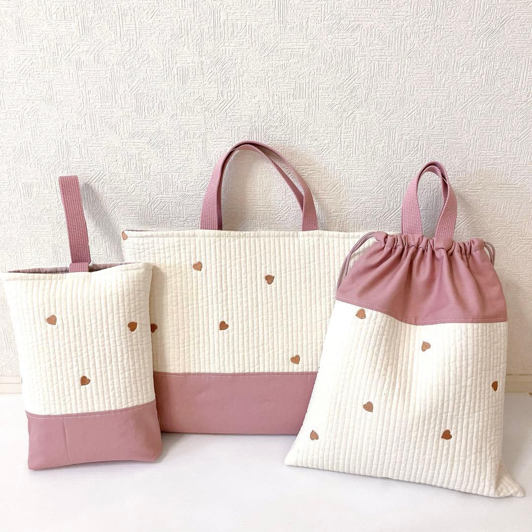 レッスンバッグ 上履き入れ　体操服袋　ハート刺繍　ヌビ