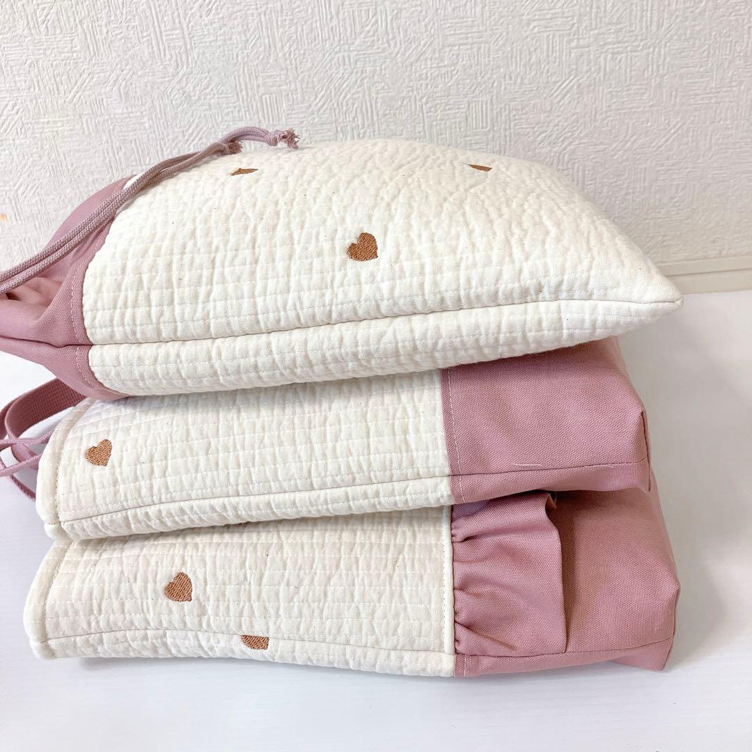 レッスンバッグ 上履き入れ　体操服袋　ハート刺繍　ヌビ