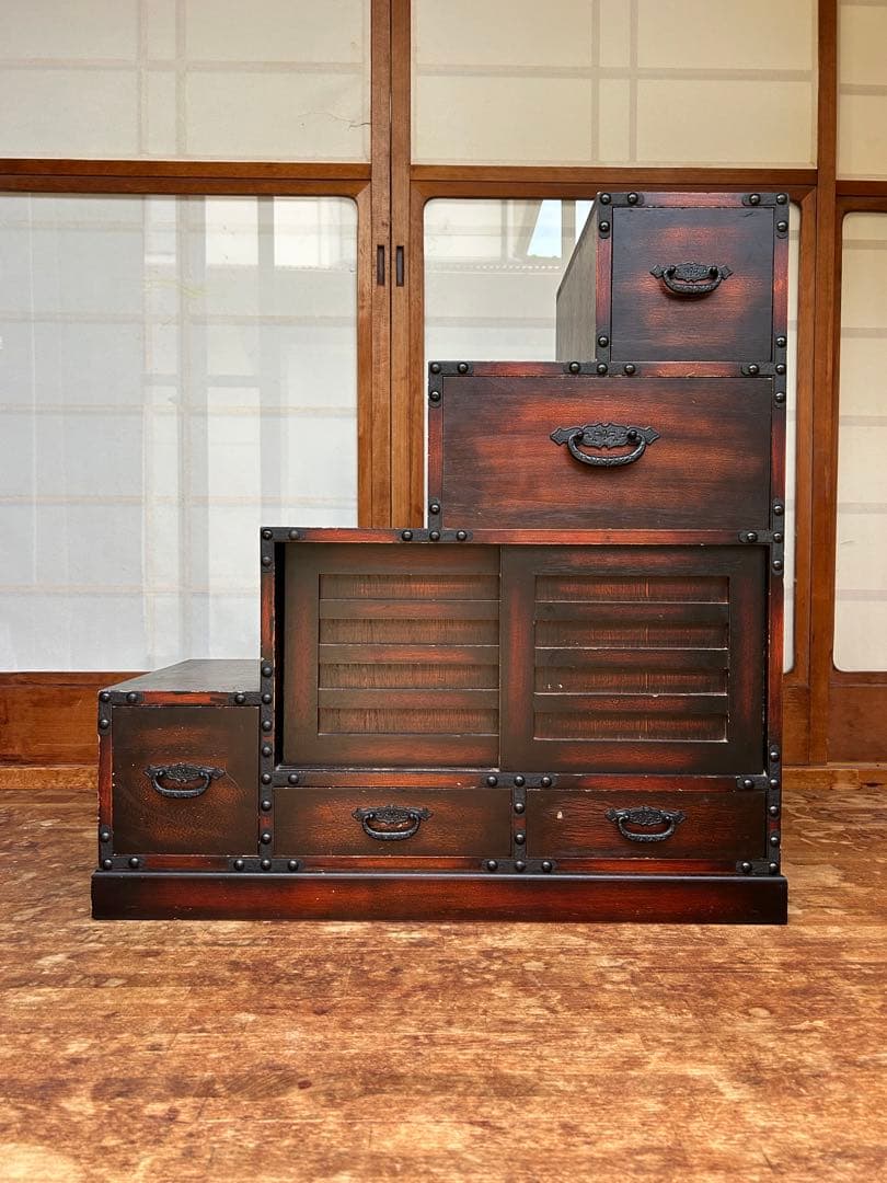 レトロ調 階段タンス 和風 民芸家具 小物収納　左下り