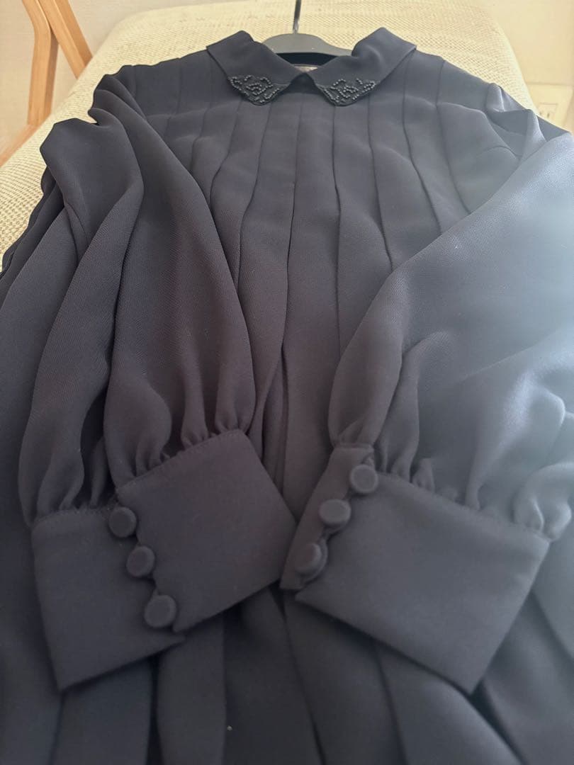 24年ANAYIアナイ5.9万円シアードビービジューカラーワンピース36ネイビー