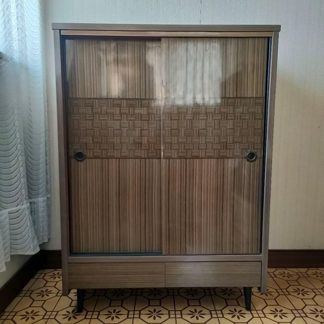 【昭和レトロ】木製 ブラウン スライド扉 下駄箱 靴箱 引き出し付き