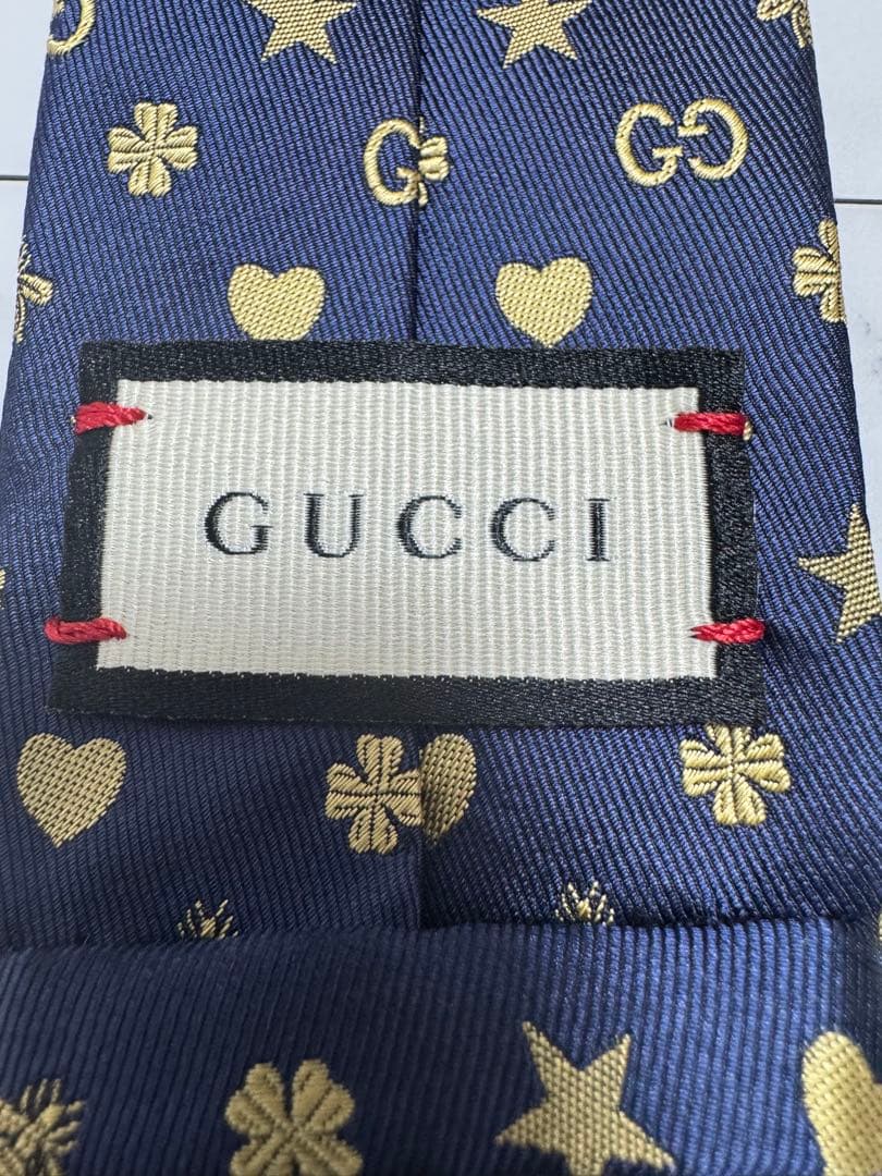 美品 グッチ ネクタイ GG ビー ハート スター 現行 ジャガード 高級 紺