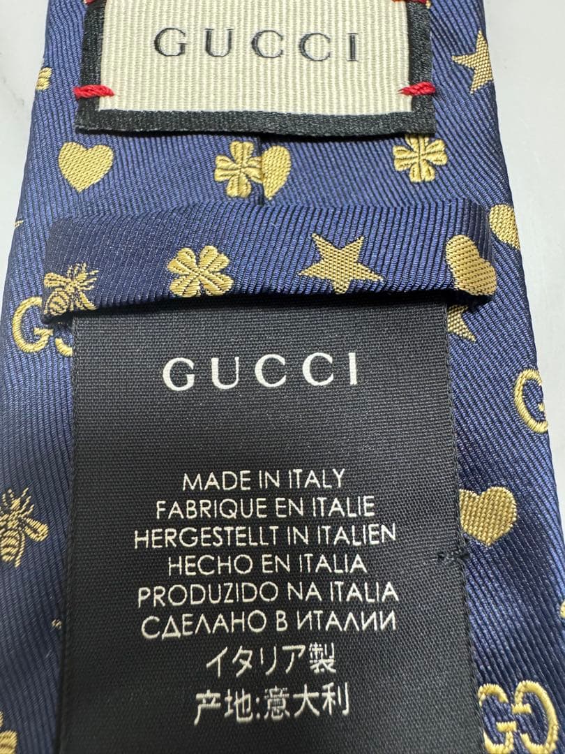 美品 グッチ ネクタイ GG ビー ハート スター 現行 ジャガード 高級 紺