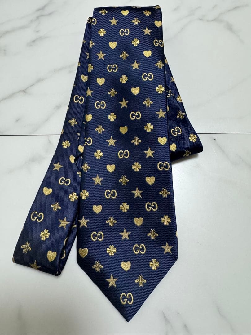 美品 グッチ ネクタイ GG ビー ハート スター 現行 ジャガード 高級 紺