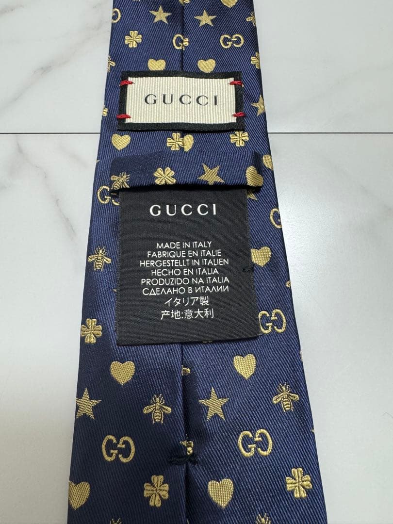 美品 グッチ ネクタイ GG ビー ハート スター 現行 ジャガード 高級 紺