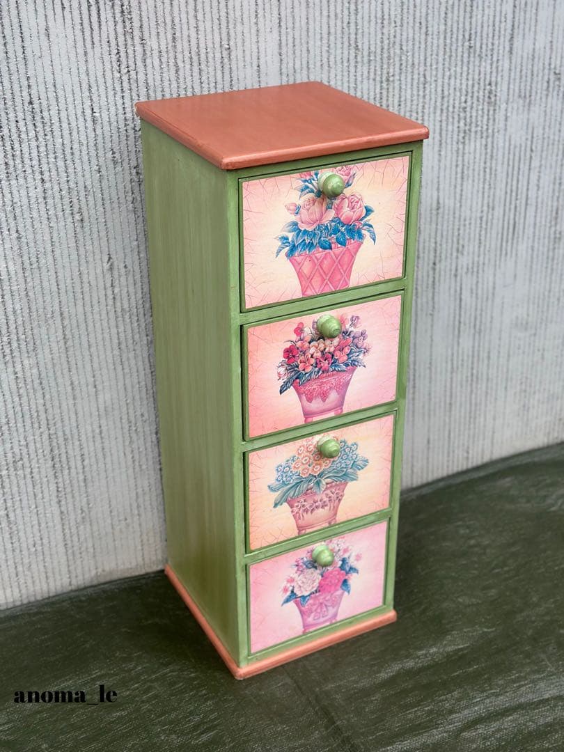 5005【チェスト】木製　花柄　トールペイント　収納　花台　アンティーク◎