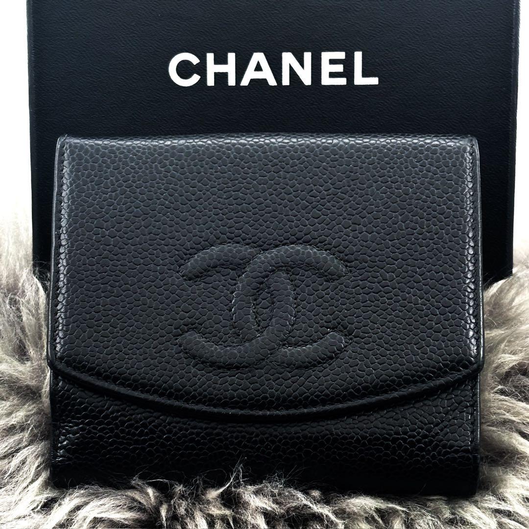 【美品✨】シャネル ココステッチ キャビア Wホック 二つ折 財布