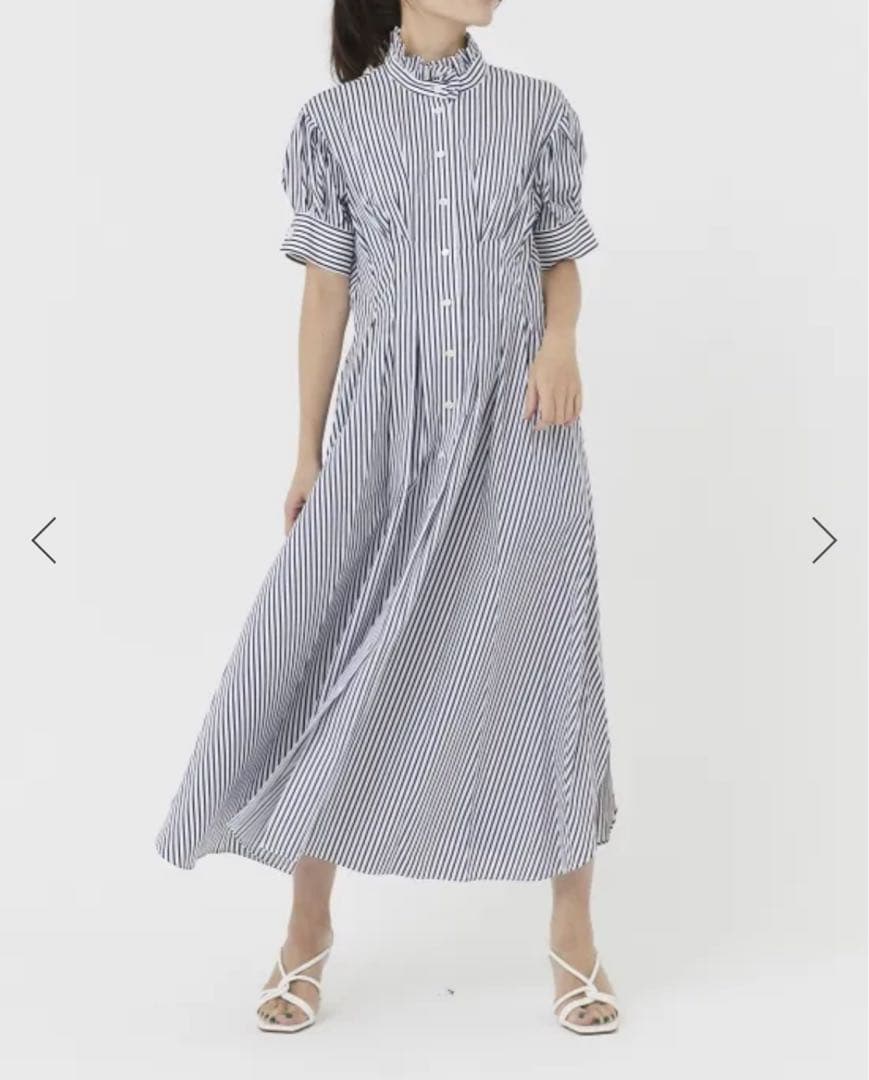 SEVENTEN スタンドカラーストライプワンピース S ネイビー セブンテン