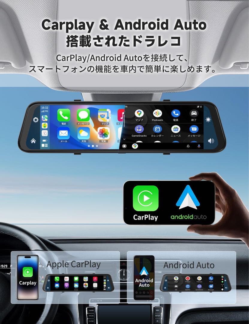 ドライブレコーダーミラー型 4K12インチCarPlay AndroidAuto