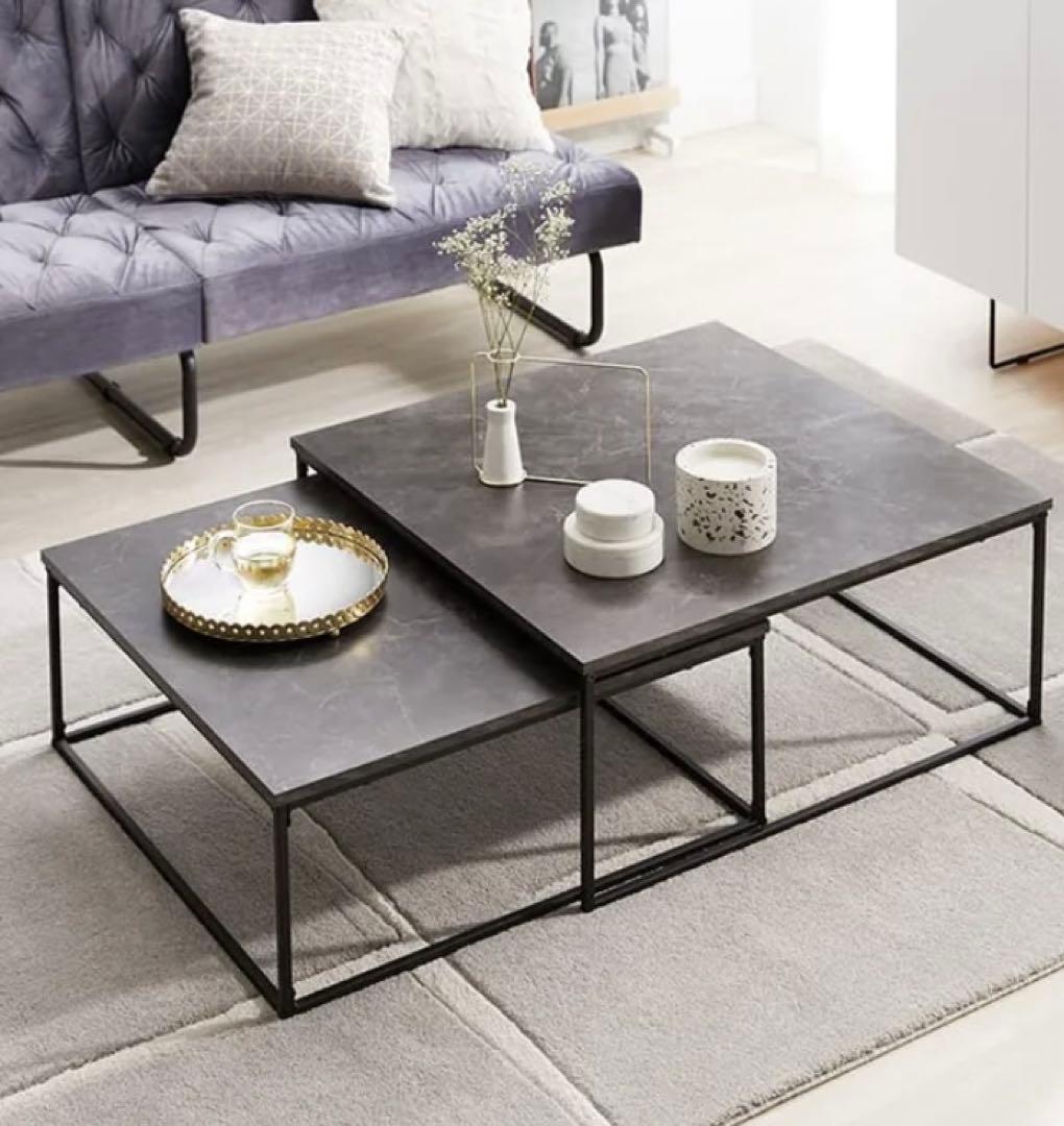 LOWYA ローテーブル ネストテーブル ローデスク 正方形 スチール 大理石柄