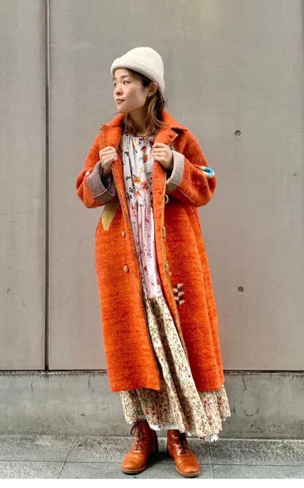 ★45Ｒ★千鳥縮絨ニットのコート　オレンジ