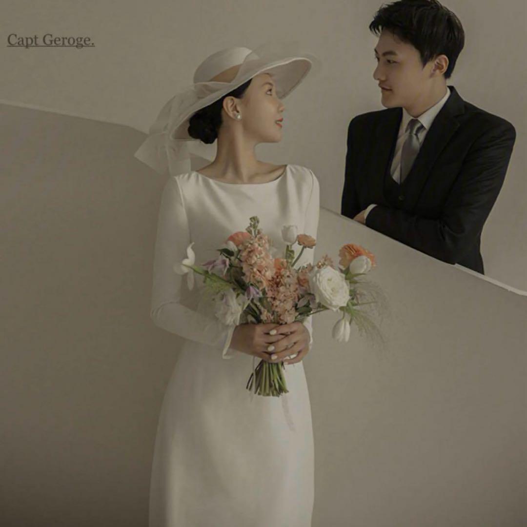 ⭐︎ベール付き　バックオープン ロングドレス ホワイト 韓国ドレス　長袖　前撮り