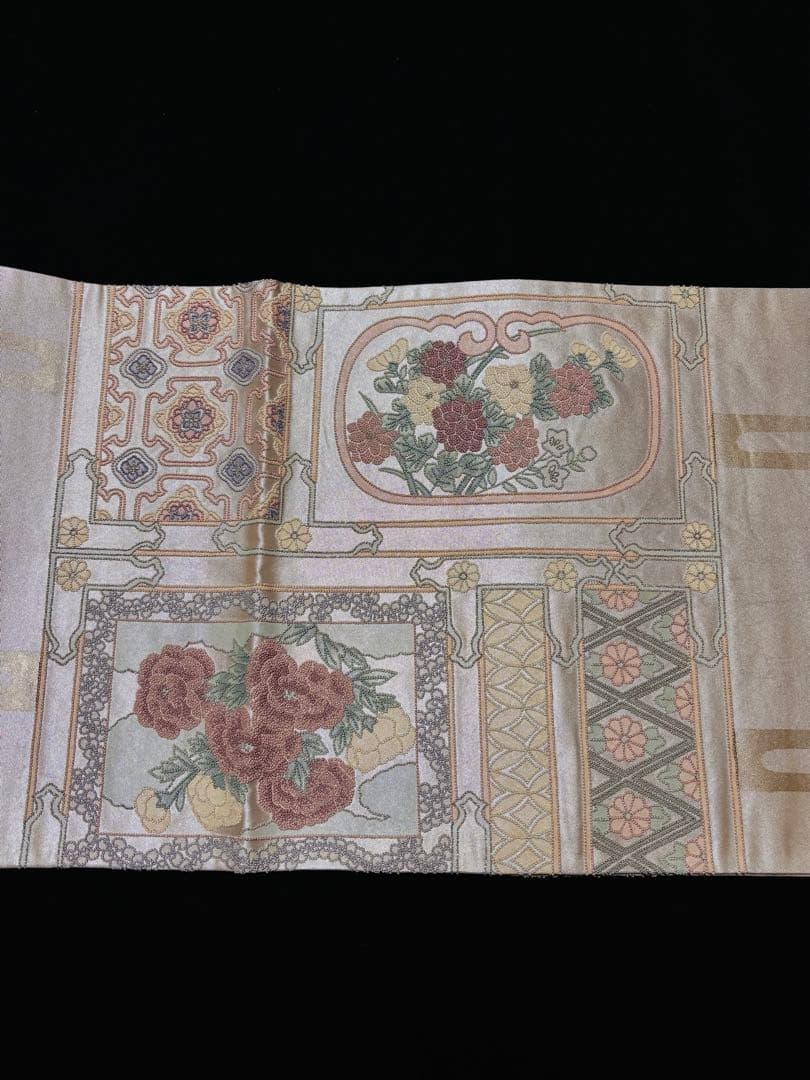 【美品】袋帯 相良刺繍 花鳥 シルバー お太鼓柄