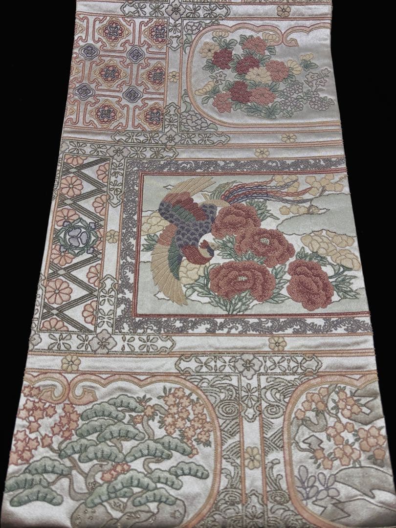 【美品】袋帯 相良刺繍 花鳥 シルバー お太鼓柄