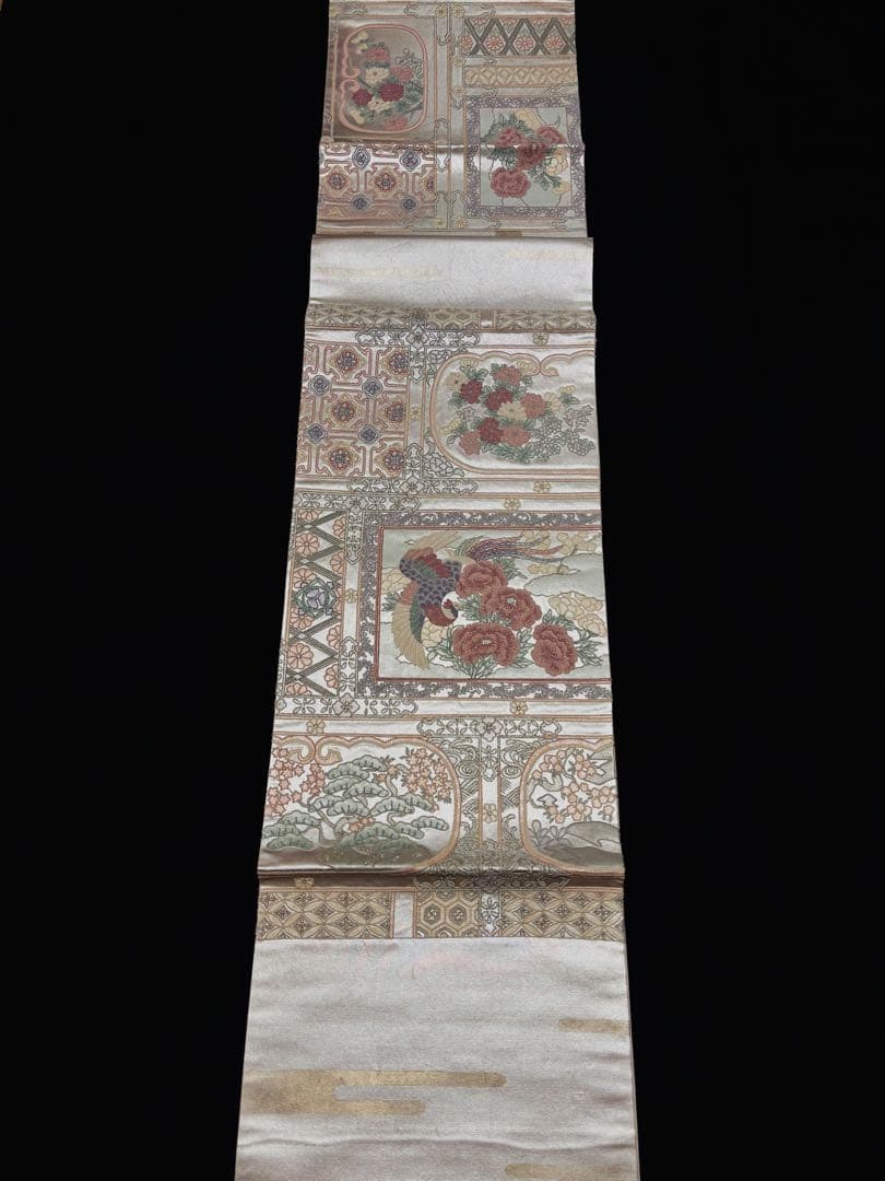 【美品】袋帯 相良刺繍 花鳥 シルバー お太鼓柄