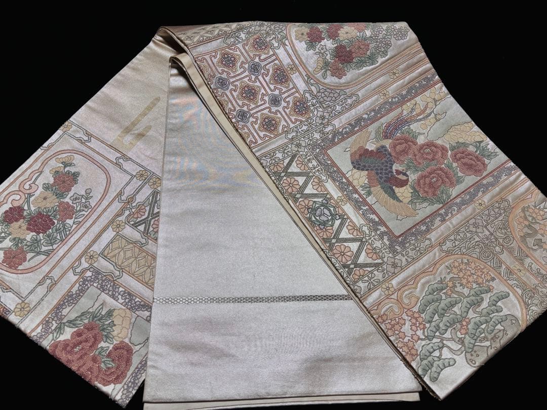 【美品】袋帯 相良刺繍 花鳥 シルバー お太鼓柄