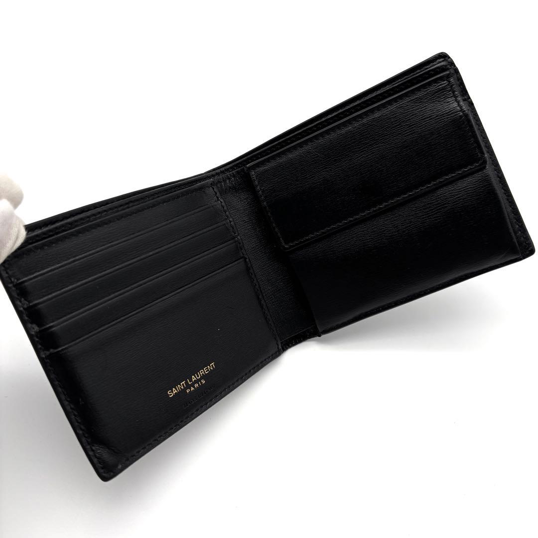 美品 イヴサンローラン カサンドラ 二つ折り財布 ロゴ YSL レザー 箱付 黒