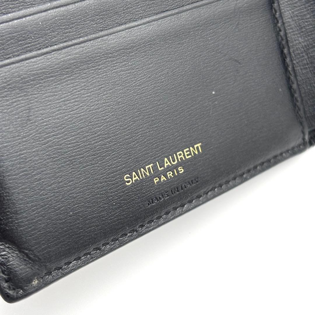 美品 イヴサンローラン カサンドラ 二つ折り財布 ロゴ YSL レザー 箱付 黒
