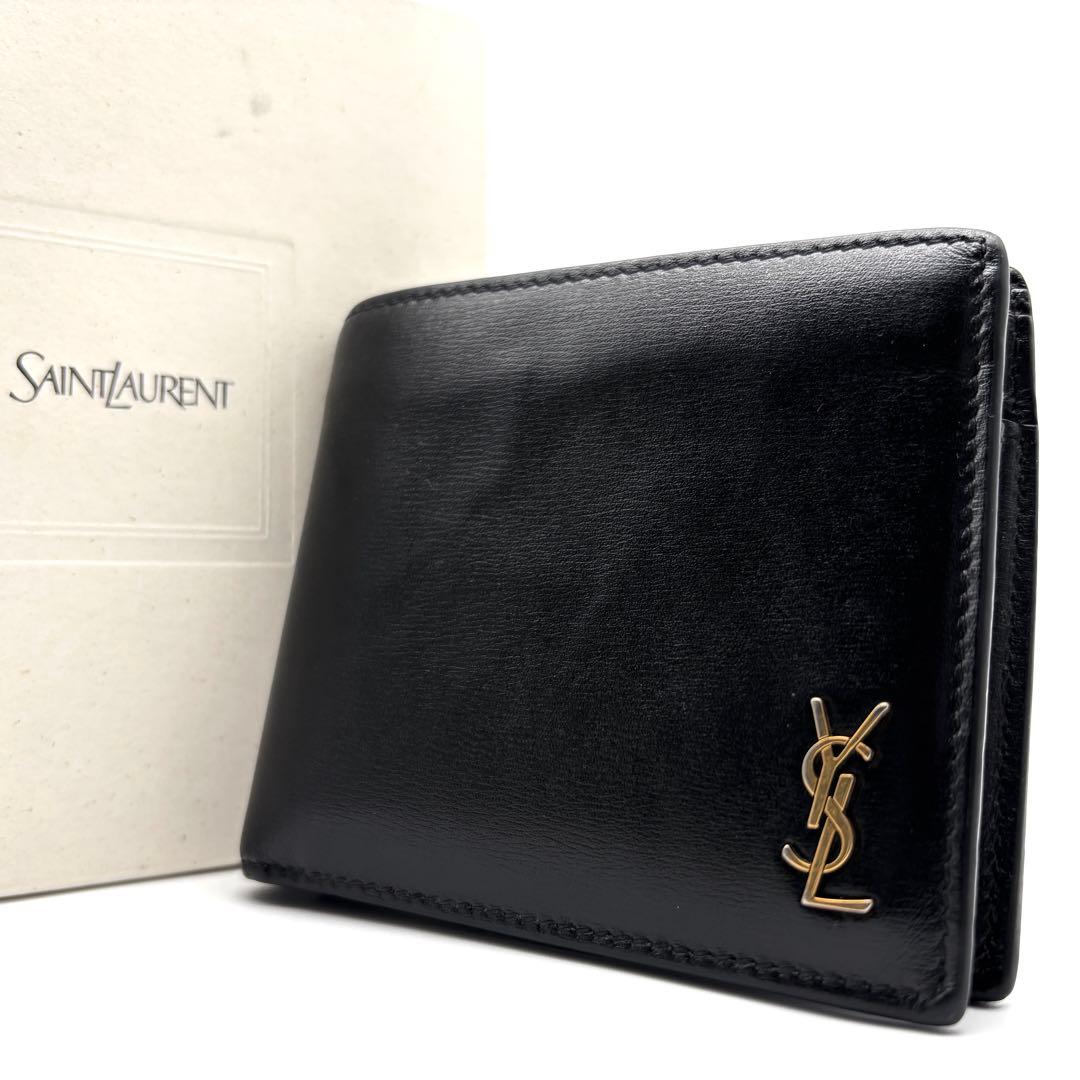 美品 イヴサンローラン カサンドラ 二つ折り財布 ロゴ YSL レザー 箱付 黒