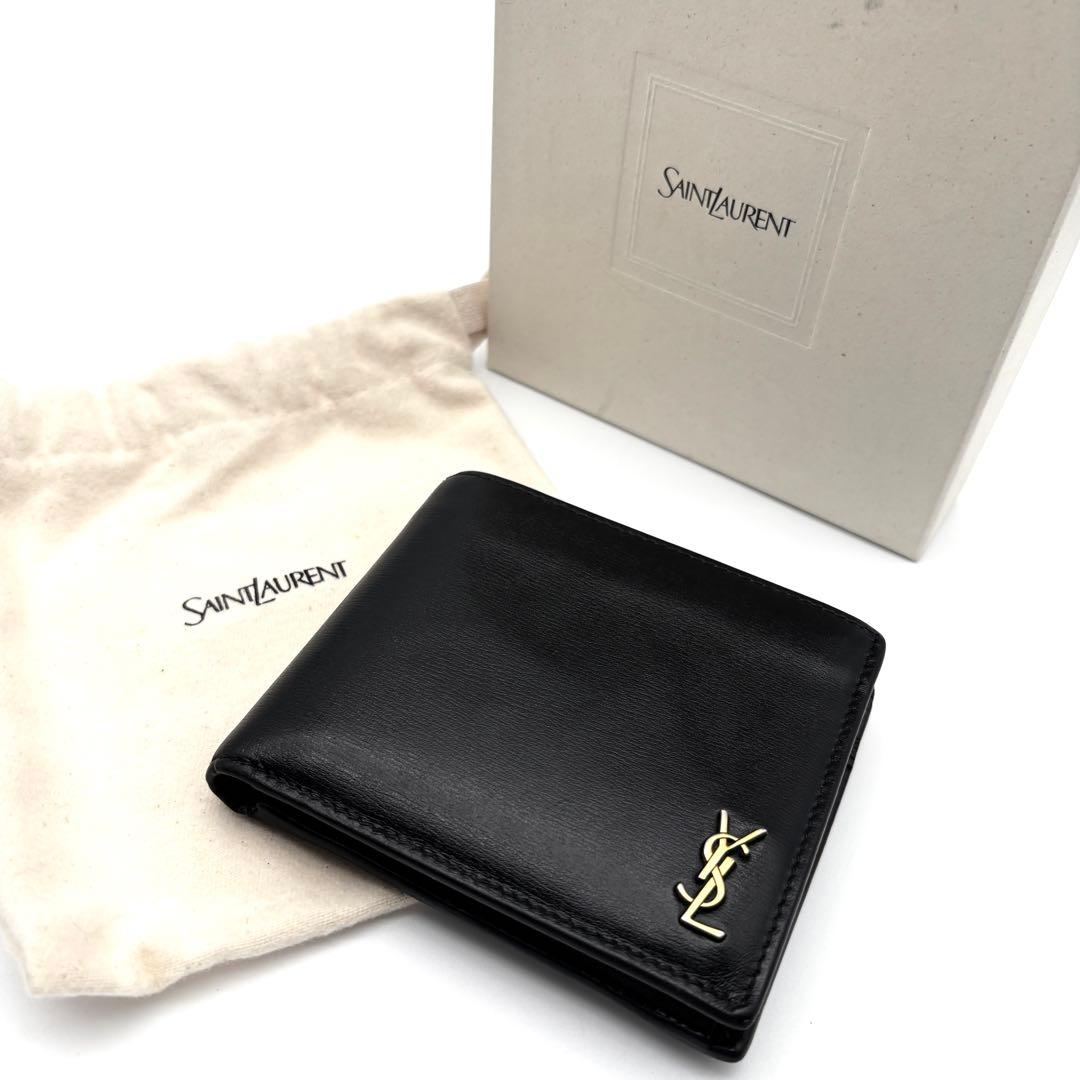 美品 イヴサンローラン カサンドラ 二つ折り財布 ロゴ YSL レザー 箱付 黒