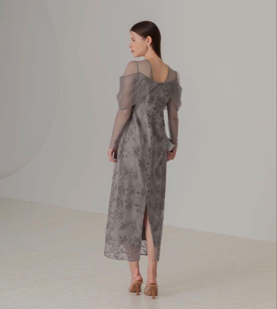 【LEJA】チュールロングスリーブリーフIラインドレスワンピース　グレー　M