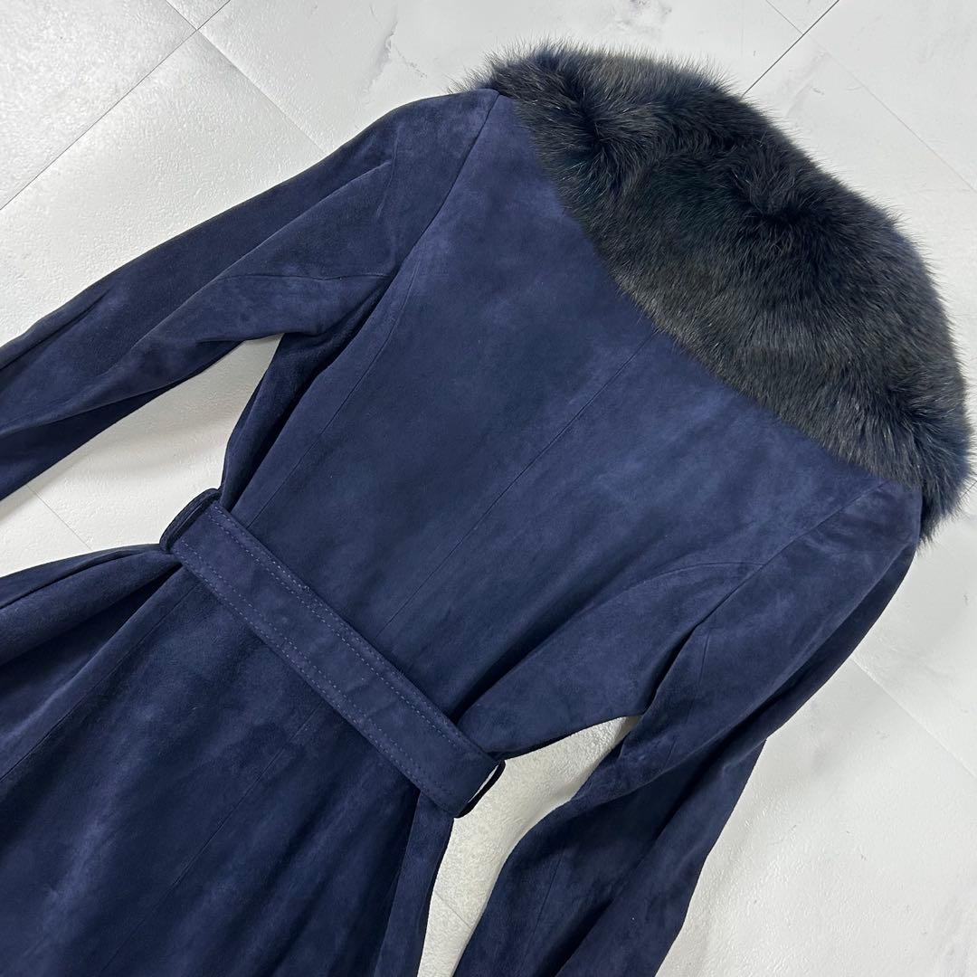 高級 染め フォックスファー ネイビー スエード ロングコート レディース