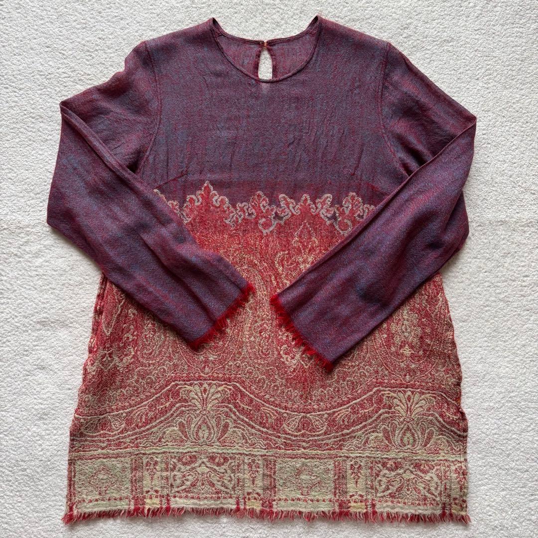 45R 45rpm 縮絨 ペイズリー柄 ジャガード 切替 フリンジ チュニック